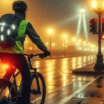 e-bike commuter riding safely at night in a coastal city with reflective gear