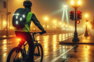 e-bike commuter riding safely at night in a coastal city with reflective gear