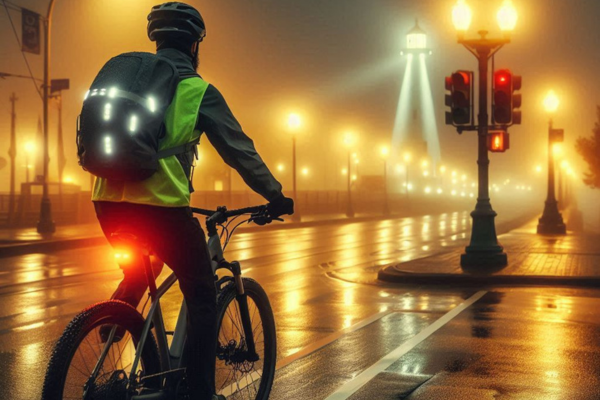 e-bike commuter riding safely at night in a coastal city with reflective gear