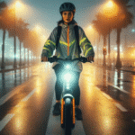 Woman riding an e-bike at night in a coastal city, wearing reflective gear