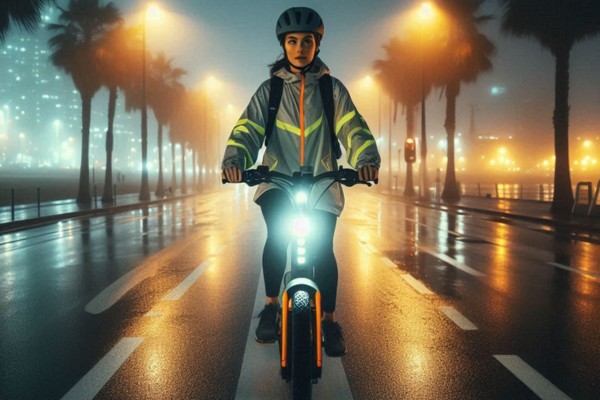 Woman riding an e-bike at night in a coastal city, wearing reflective gear